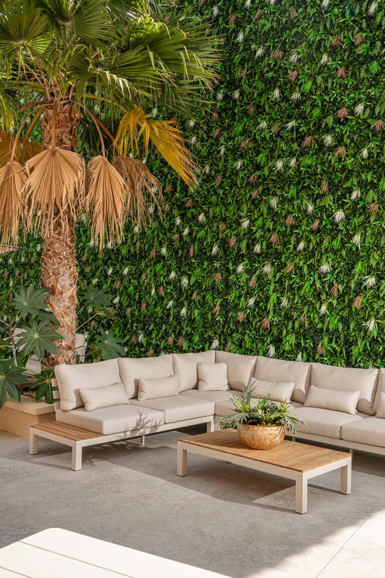Lounge set with teak coffee table in front of a green wall