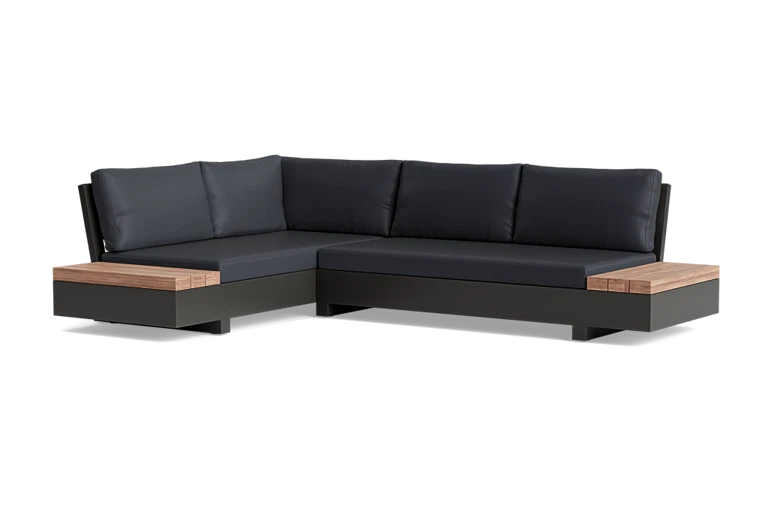 Black sectional with two tables