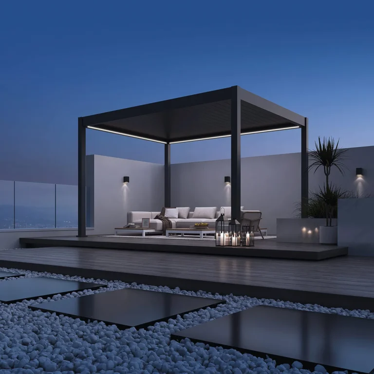 Bioclimatic pergola with LED lighting in the evening
