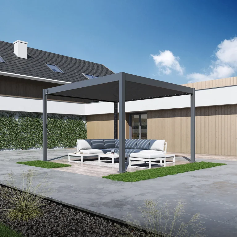 Freestanding bioclimatic pergola over a lounge set