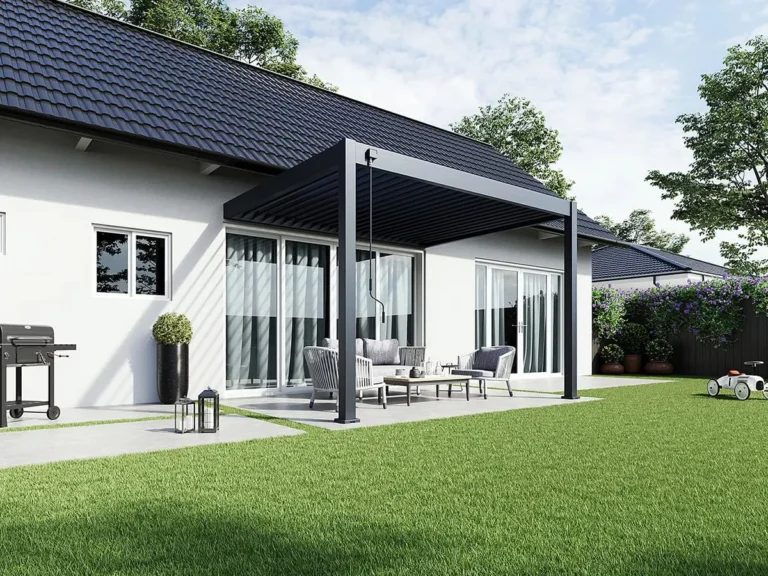 Wall-mounted bioclimatic pergola against a house