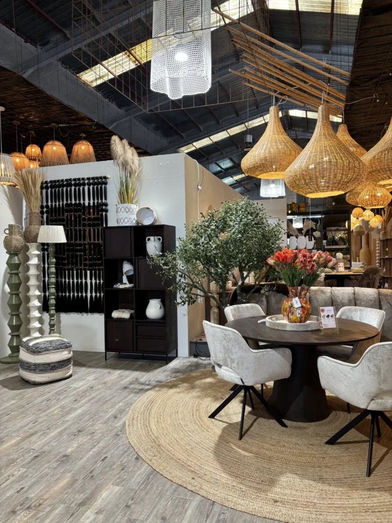 Dining room with rattan pendant lights
