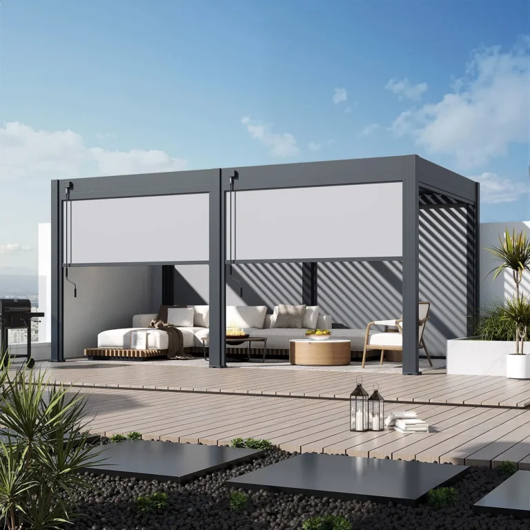 Pergola with two pull-down windscreens on a terrace